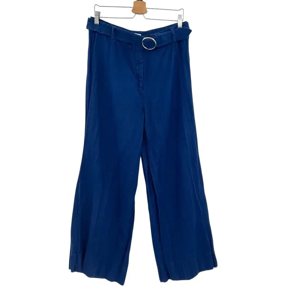 Reformation Ace Linen Pant Wide Leg Trousers Belted Blue‎ Size 8